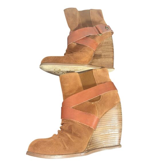 Seychelles Thriller Wedge Booties Size 7 Whiskey Suede Ankle Boots Stacked Heel - Picture 6 of 10